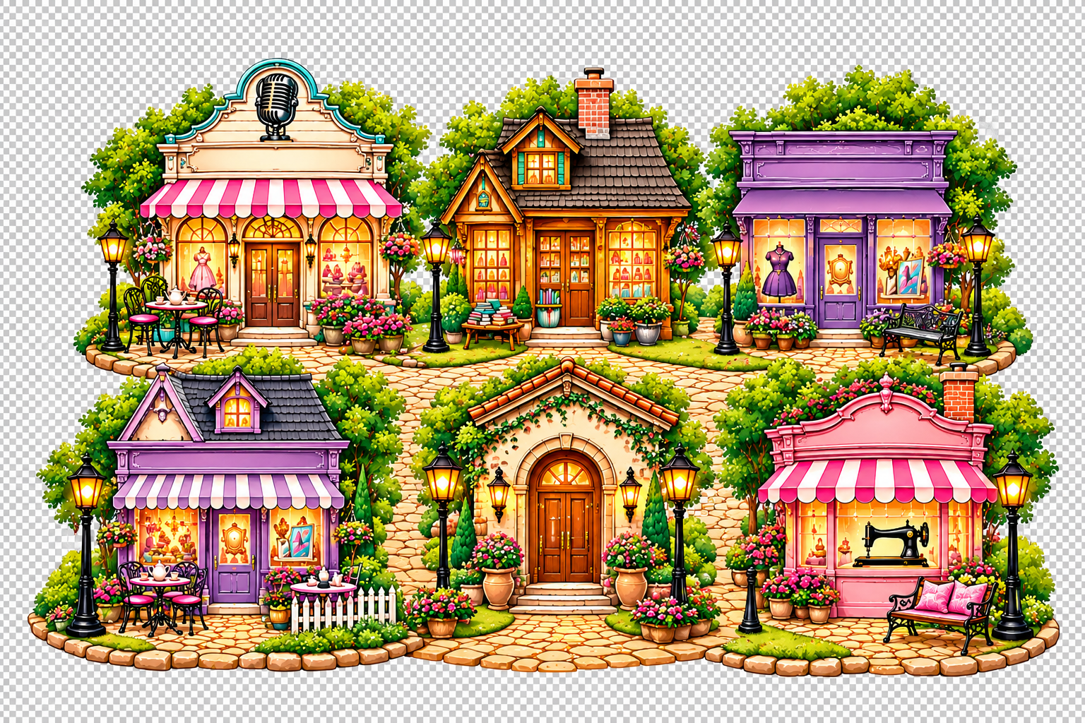 Illustrated street of the six Afternoon Social shops