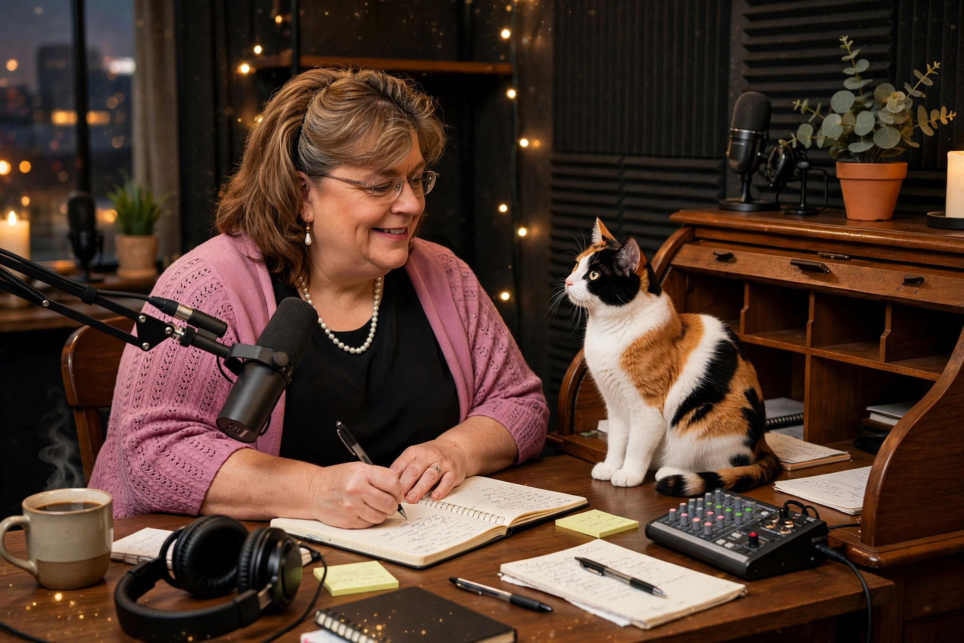 Theresa writing at her roll-top desk with Sable